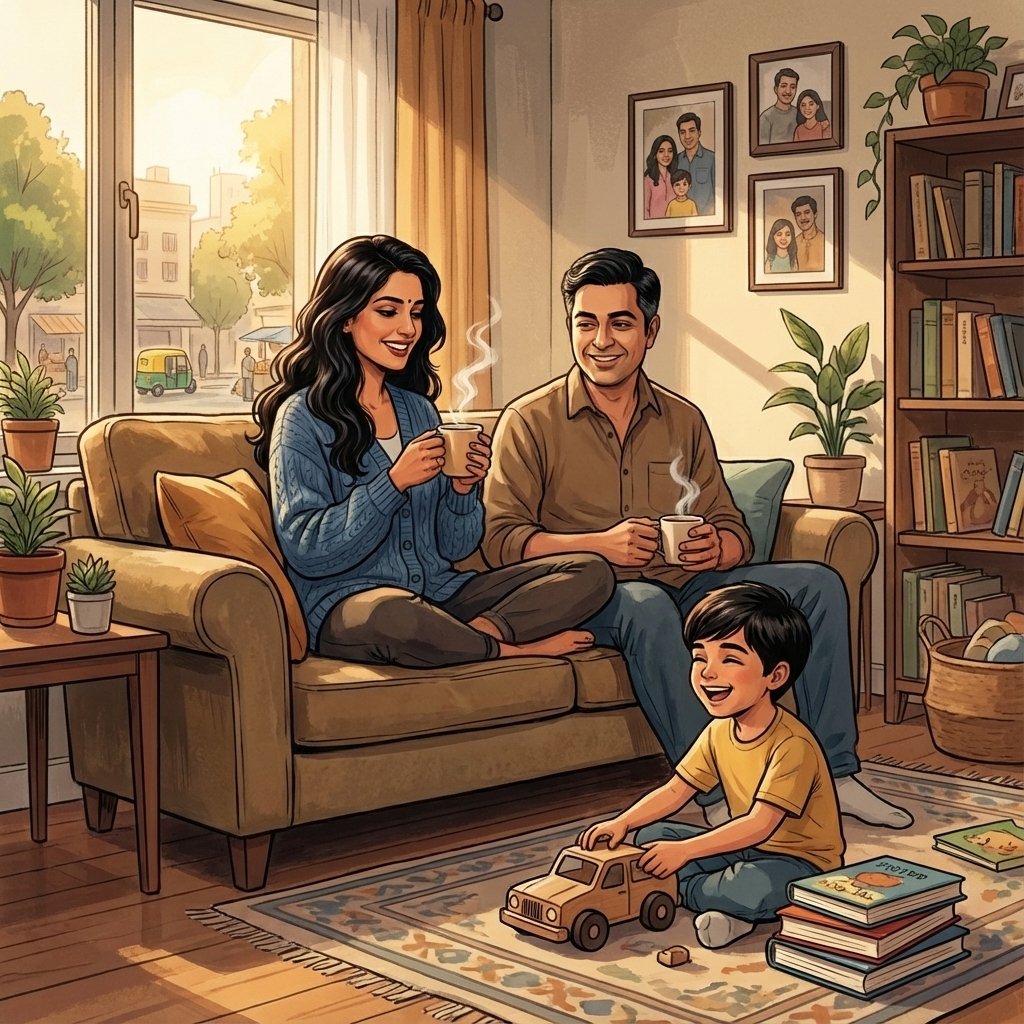 A quiet, shadowed room suggesting the privacy of family life