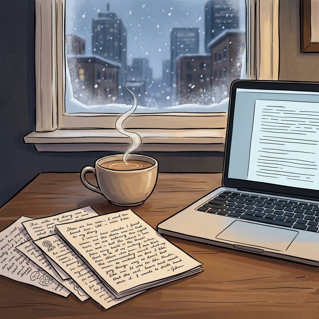 A moody writer's desk with scattered diary pages, chai, and a snowy Montreal window in the background