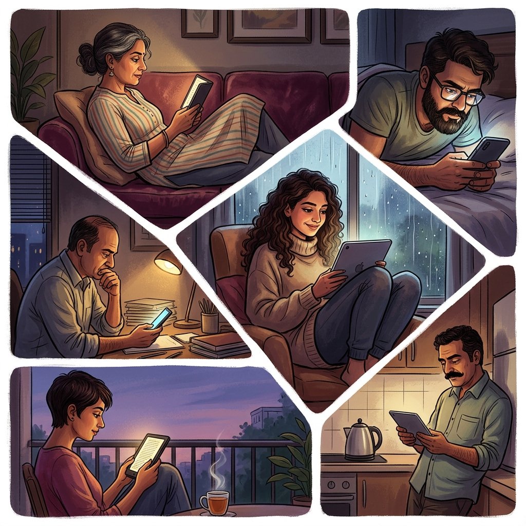 A cinematic collage of multiple anonymous people reading in the dark, bathed in the glow of their screens