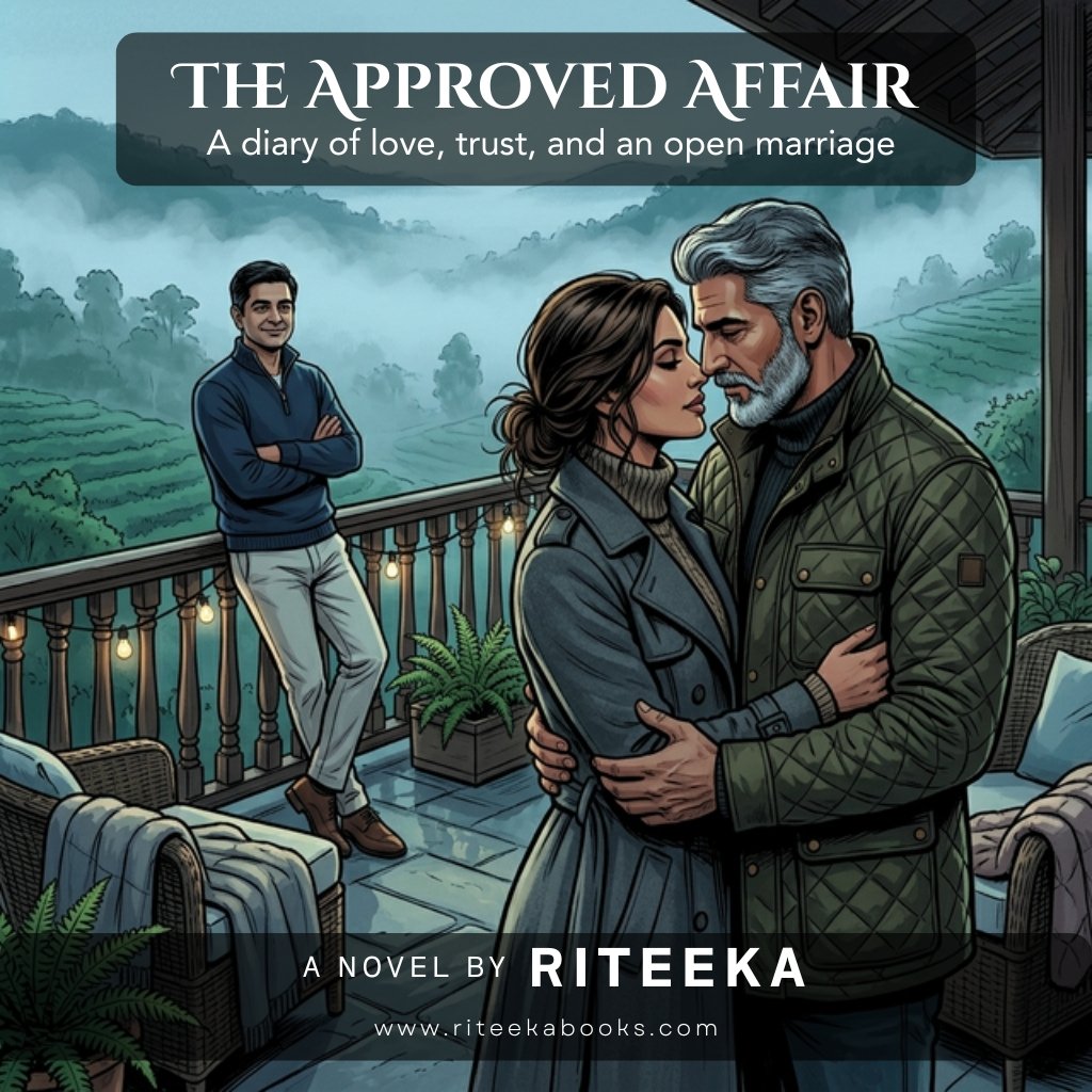 A cinematic scene from the novel showing Aarti, Girish, and Aditya in Coorg